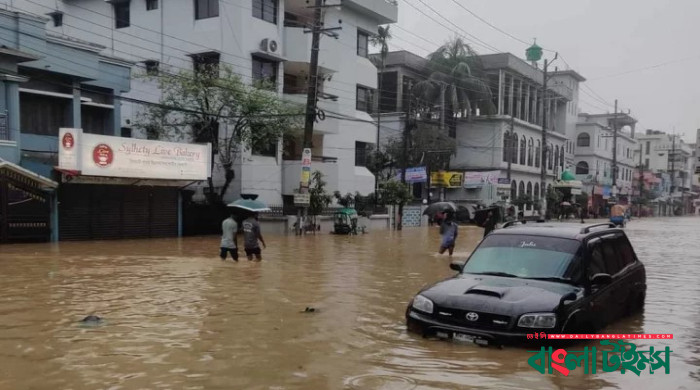 Low-lying areas of Sylhet flooded due to heavy rain, onrush of water from India